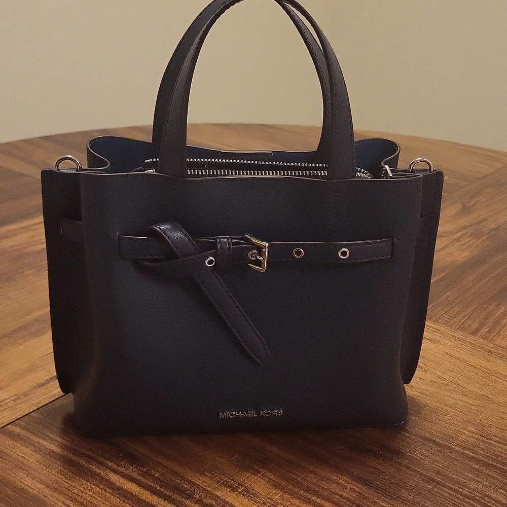 Michael Kors Emilia Small Pebbled Leather Navy Blue Satchel - Picture 2 of 8